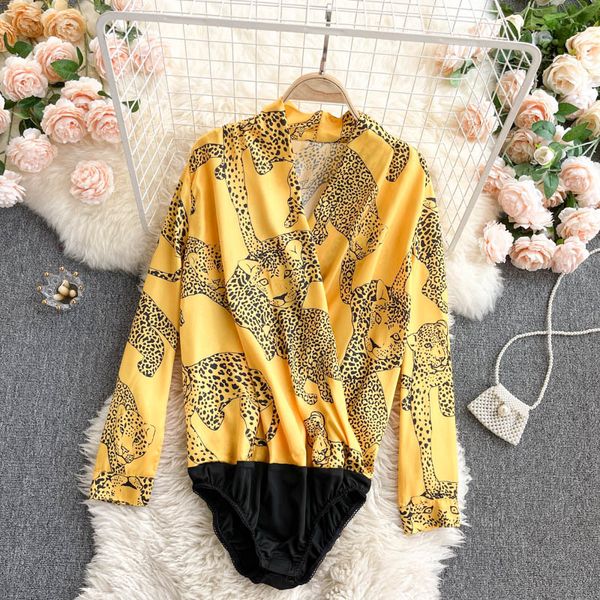 SINGREINY Design Retro Animal Print Body e Pagliaccetti Donna Coreana Chic Scollo a V Manica lunga Tuta Estate Sexy Streetwear Tuta 210419