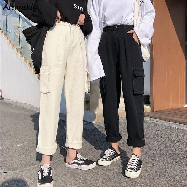 

jeans women high waist pockets plus size 4xl solid simple korean style black trousers female comfortable casual daily streetwear women', Blue