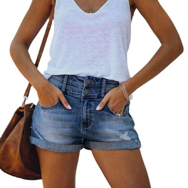 

women's jeans women shorts trend hole curling elastic high waist denim women's pants jean summer donsignet, Blue