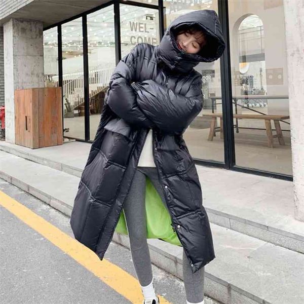 

winter down coat women medium long loose fit oversized duck parkas pink yellow pleating design hooded jacket 210430, Black
