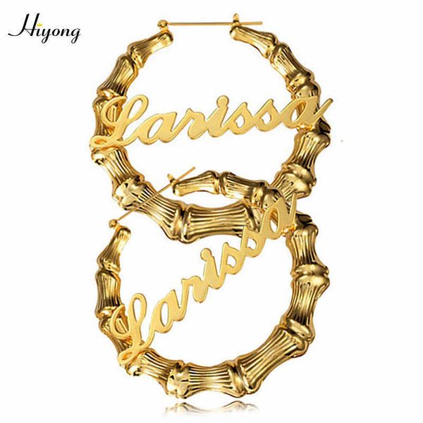 

hiyong stainless steel personalized bamboo hoop earrings custom name earrings customize hiphop earring for women jewelry gift 210924, Golden;silver