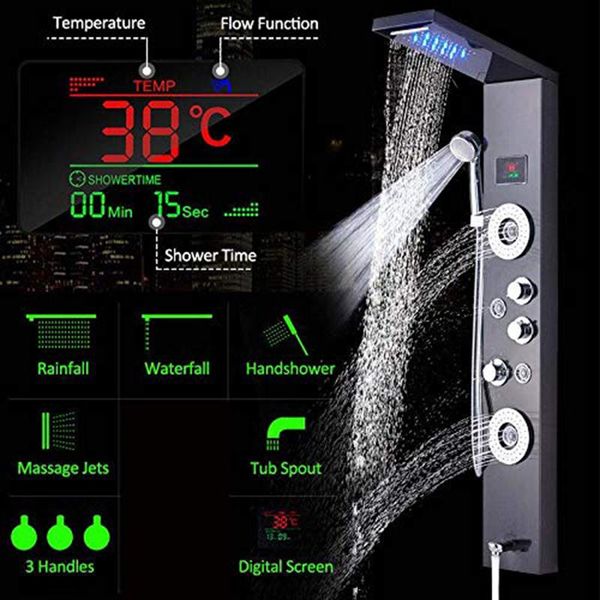 

luxury black/brushed bathroom led shower panel tower system wall mounted mixer tap hand spa massage temperature screen sets