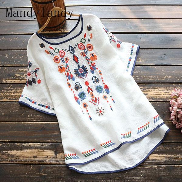 

women's blouses & shirts mandylandy tshirt summer casual blouse round neck women short sleeve embroidered plus-size loose streetwear, White