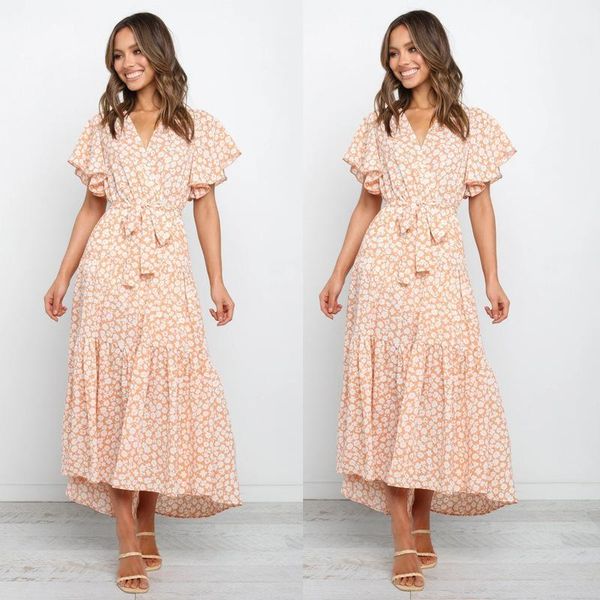 

spring european and american foreign trade women's print pullover short sleeve v-neck swing holiday dress casual dresses, Black;gray