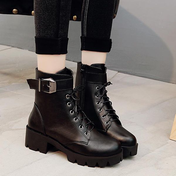 

tube flat bottom women's boots autumn winter 2021 short in anti slip lace up belt buckle showing, Black