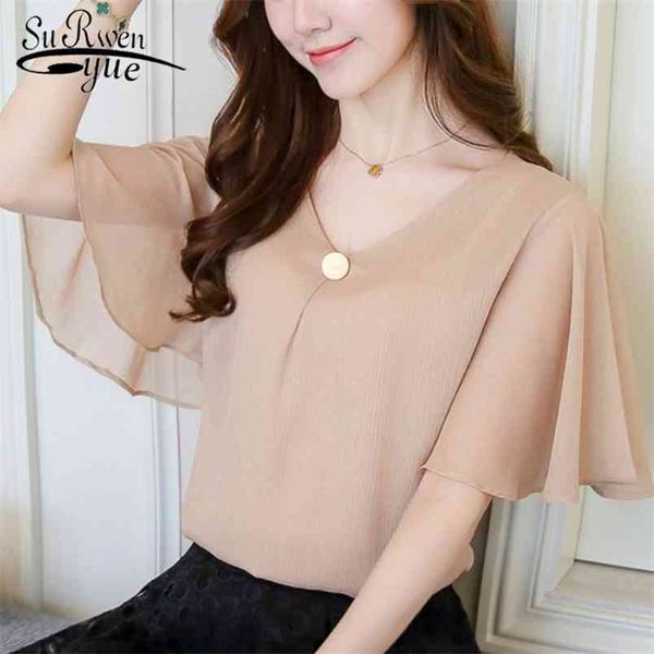 

blusas fashion plus size women and blouses v-neck chiffon blouse short sleeve women's clothing chic solid shirts d644 210421, White