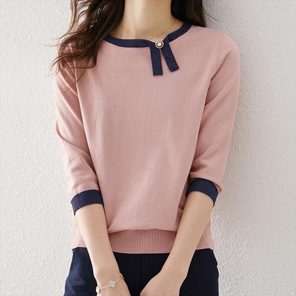 

spring summer pink womens sweater elegant contrasting color knitted women three quarter sleeve pullover jumper female, White;black