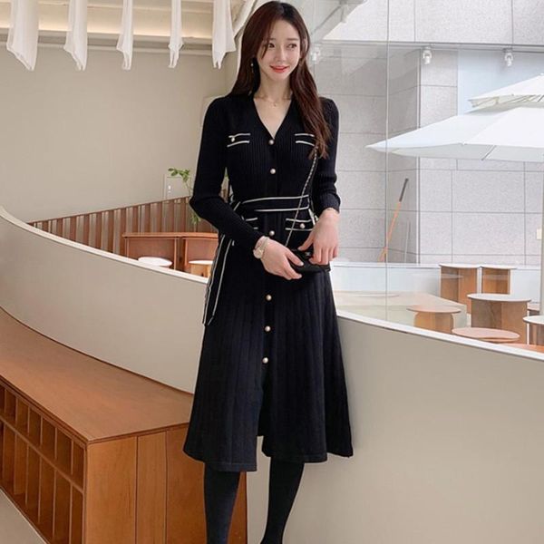 

casual dresses winter korean women v-neck lace-up knitted elegant office slim bottoming a-line ladies sweater dress vestidos, Black;gray