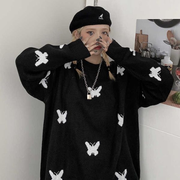 

autumn couple o neck long sleeve black bow sweater women loose knitted sueters de mujer pull femme retro print street 210610, White;black