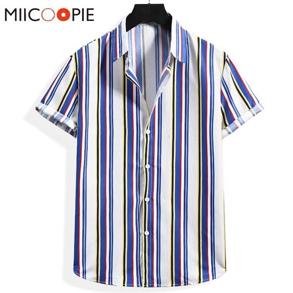 

men's casual shirts men blue striped print short sleeve hawaiian shirt summer brand button down beach blouse for vacation clothing, White;black