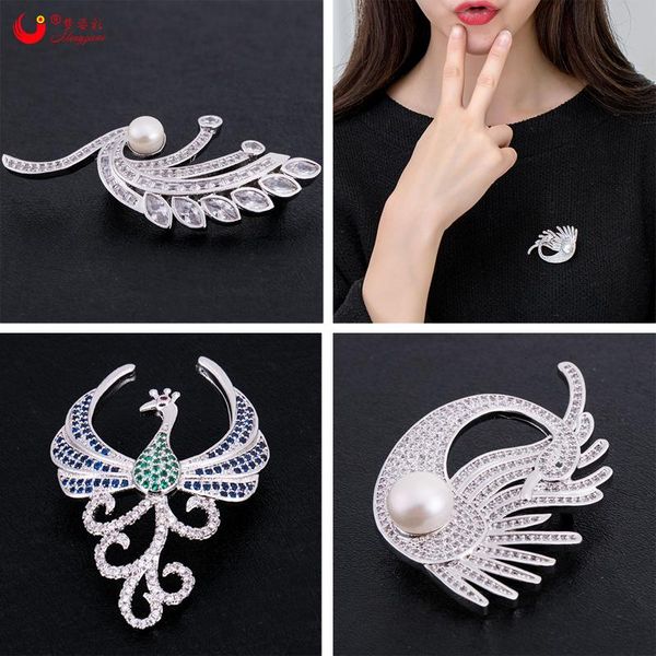 

pins, brooches mzc zircon peacock brooch hummer wood-nymph broches freshwater pearls femme corsage lapel pin for women wedding party gifts, Gray