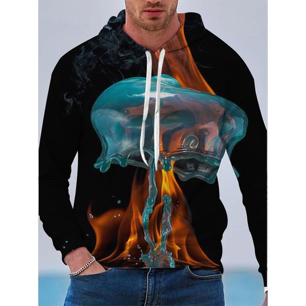 

jellyfish pattern men's 3d printed hoodie visual impact party punk goth round neck american sweater hoodie, Black