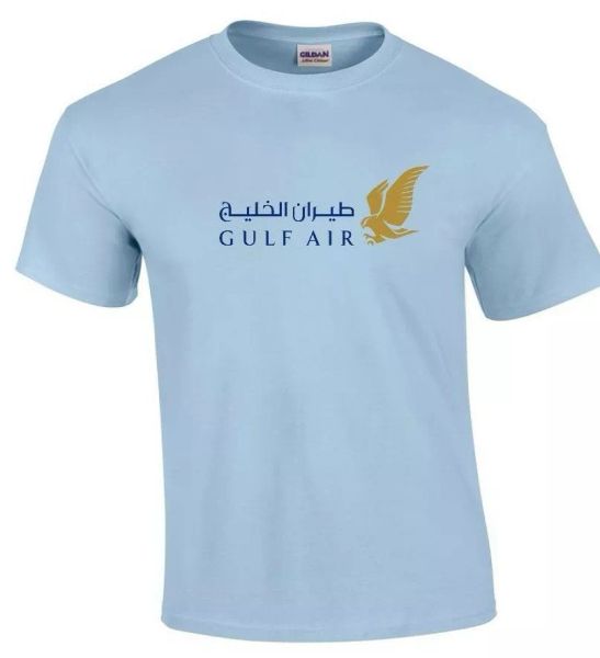 

gulf air gold blue logo bahrain airline light blue cotton t-shirt, White;black