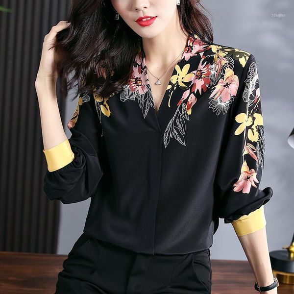 

women's blouses women's & shirts spring autumn real silk casual shirt elegant v-neck long sleeve floral print office lady black bl, White