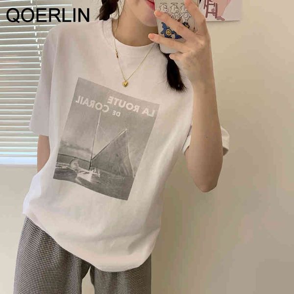 

t shirt retro basicwear print brushed o neck t-shirt short-sleeved korean loose casual basic tees girly students t-shirts, White