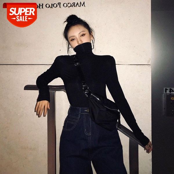 

black knit women's slim long-sleeved tight-fitting inner collar bottoming shirt korean clothing #i36r, White