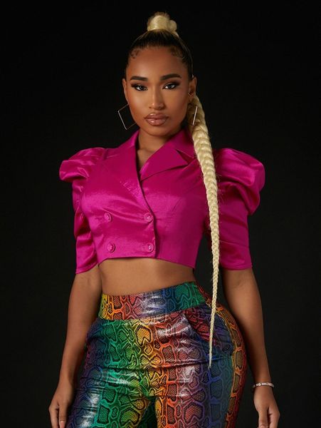 

puff sleeve double breasted crop blazer x7bt#, White;black