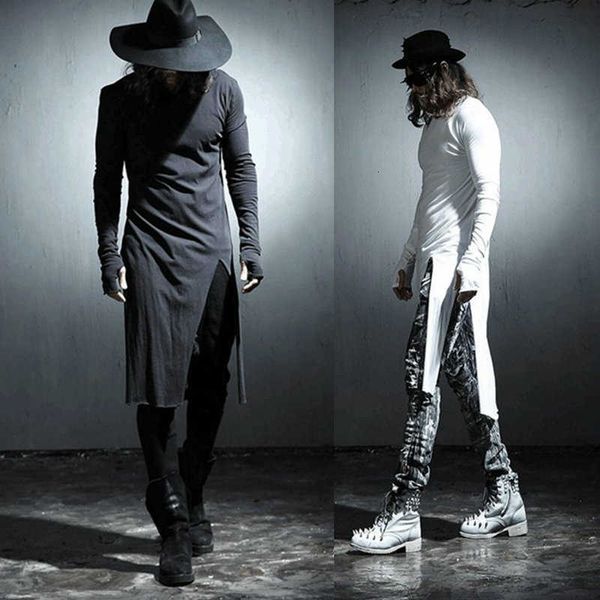 

women's t-shirt men personality side irregular long sleeve t shirt punk tees mens hip hop clothes singer stage costume tee shirts 8u2u, White