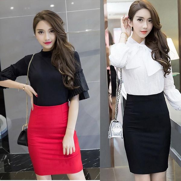 

high waist elastic pencil women skirts summer office knee length bust red black