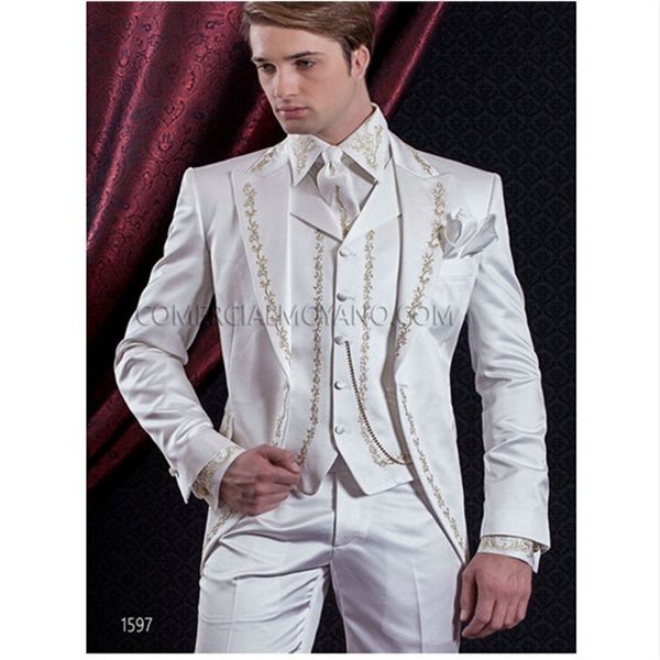 

wedding tuxedos fashion one button white embroidery groom peak lapel men suits 3 pieces prom blazer (jacket+pants+vest) w487, Black;gray