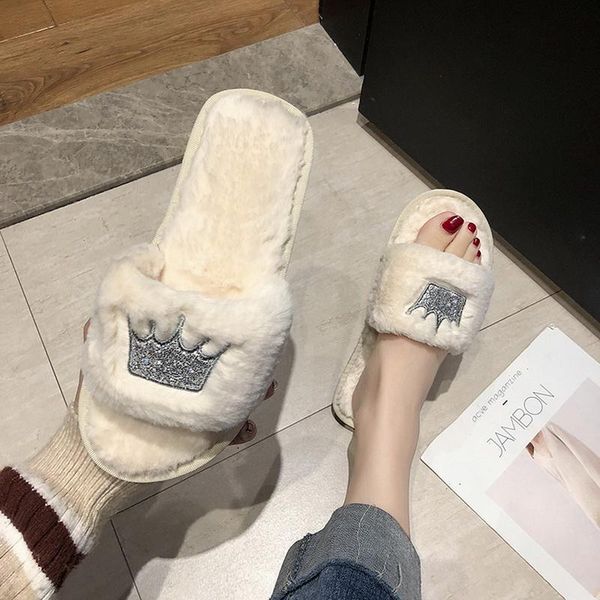 

winter home shoes women house slippers warm faux fur ladies non-slip soft plush furry female open toe slides fashion, Black