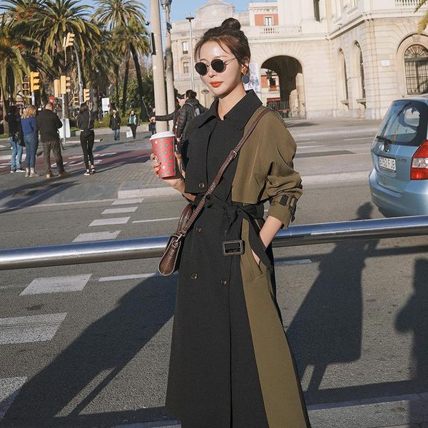 

women's trench coats [ewq] korea chic green coat autumn 2021 laple loose lace up waist double breasted long sleeve windbreaker, Tan;black