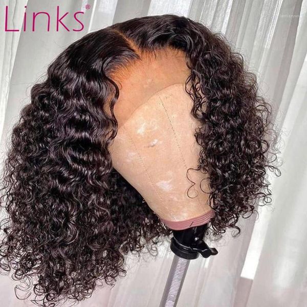 

links jerry curly short bob 4x4 5x5 closure lace front wig remy brazilian human hair frontal wigs for black women deep wave1, Black;brown