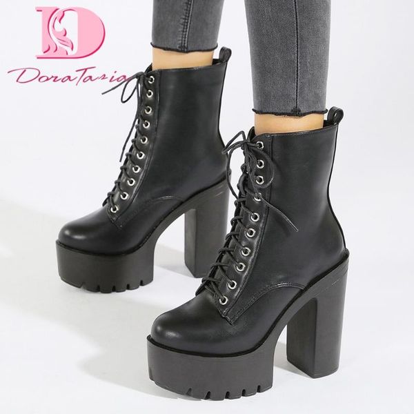 

boots doratasia ladies platform ankle fashion shoelace square high heels women 2021 elegant party ol shoes woman, Black