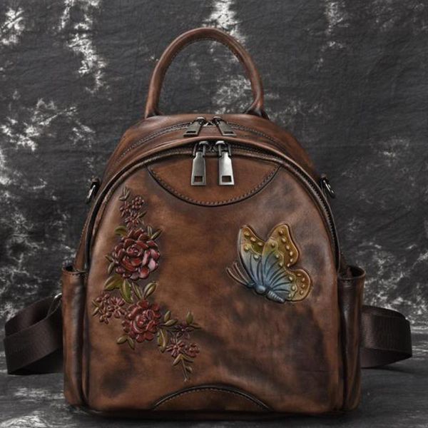 

backpack arrival coffee women small genuine leather shoulder purse luxury elegant ladies floral animal embossed backpacks