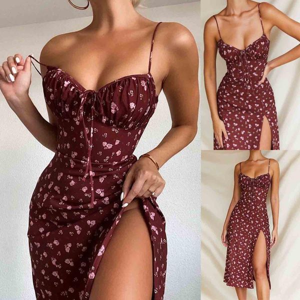 

casual dresses wine floral dress women prairie chic spaghetti straps backless chest draped lace up side split mini femme 2021 #t1g, Black;gray