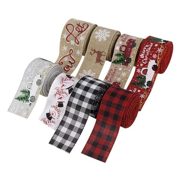 

party decoration 500cm/roll imitation linen christmas ribbon red black plaid snowflake car elk snowman printed diy accessories