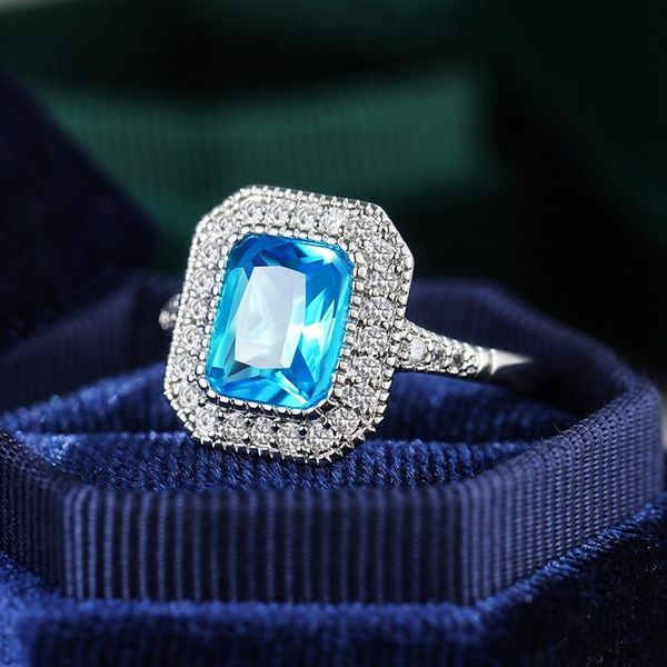 

gorgeous sky blue square cz rings elegant lady ring jewelry for women shiny bridal wedding party accessories, Slivery;golden