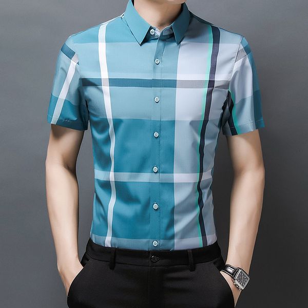

men's 2021 casual shirt summer new plaid short sleeve middle aged k18, White;black
