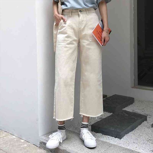

women summer button fly elastic waist straight jeans solid color wide leg pants office lady formal denim trousers, Blue