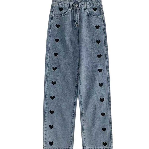 

women's jeans spring and autumn korean love embroidery casual straight trousers high waist slim jeans women loose b018 210616, Blue