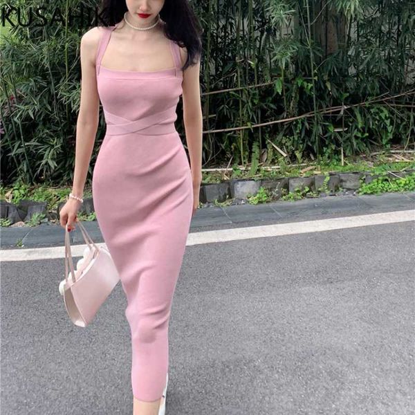 

kusahiki elegant bandage backless knitted dresses korean square collar strapless bodycorn dress summer sweater vestido 6h670 210602, Black;gray