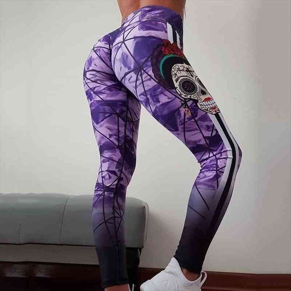 

[youre my secret] push up leggings purple gradient color pencil pants skull printed workout trousers leggins female, Black