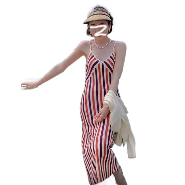 Мода женское платье лето тонкий тонкий похудение вертикальный полосатый слинг ретро контрастный цвет вязаный 210520