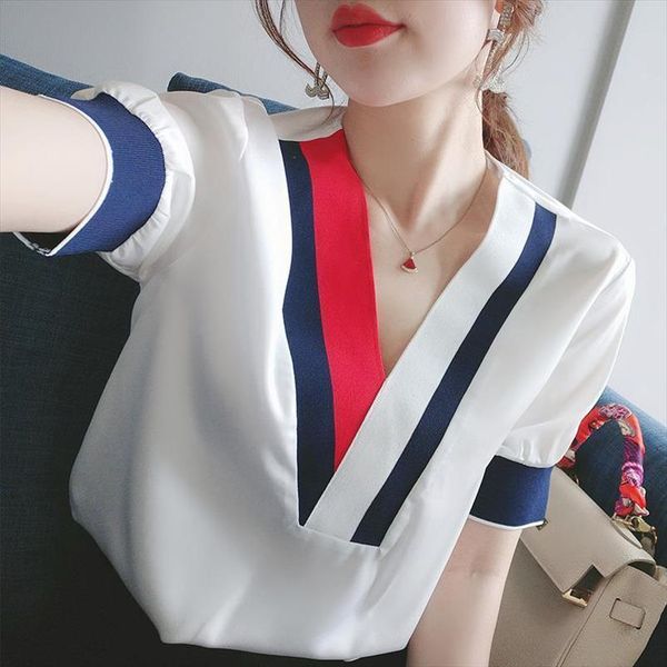 

spring summer style chiffon elegant womens blouses v neck patchwork korean casual dd9031, White