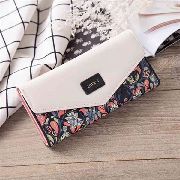 

wristlet fashion envelope women wallet hit color 3fold flowers printing pu leather long ladies clutch coin phone purse, Red;black