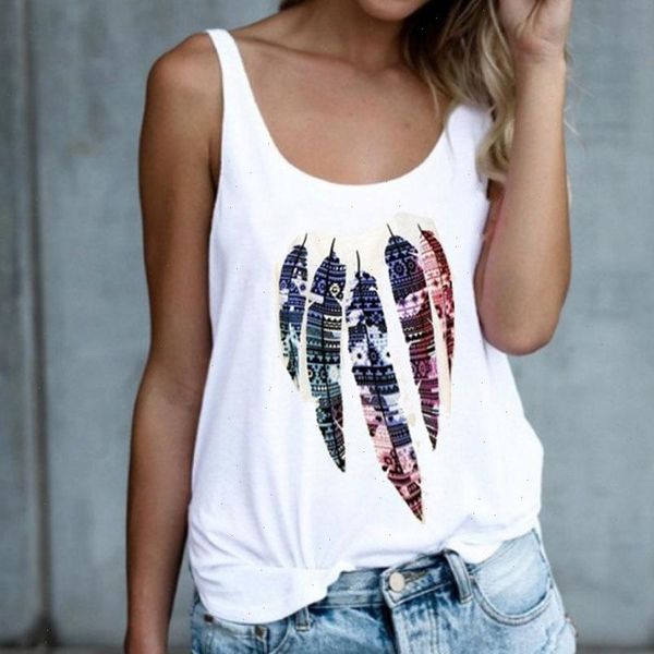 

loose feather printed summer women tank fashion round neck vests wdc4733, White