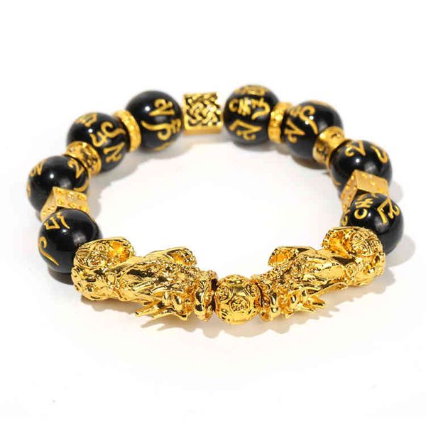 

selling feng shui hand carved mantra beads obsidian bead dragon lucky charm bracelet, Golden;silver