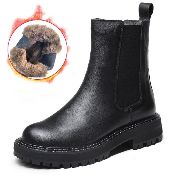 

boots fujin genuine leather cow women ankle snow chunky heel platform motorcycle lace up motor booties footwear winter shoes, Black