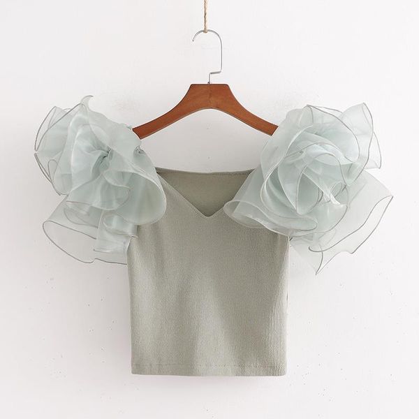 

women camis european and american womens wholesale summer retro transparent hard yarn splicing bubble short sleeve top, White