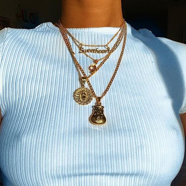 

pendant necklaces 4 pcs/set fashion women money bag flower jesus animal letter sweetheart gold necklace set wedding jewelry, Silver