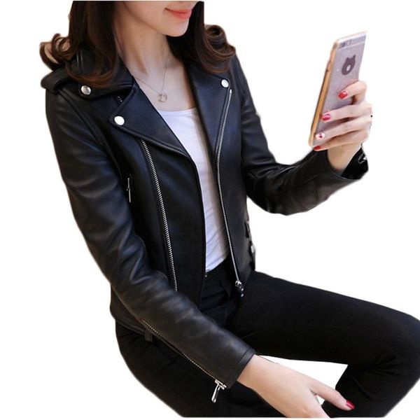 

women's leather & faux short pu jacket 2021 autumn casual zipper lapel leatherjacket female street basic motorcycle jackets, Black