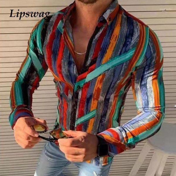 

casual long sleeve striped print shirt for men 2021 spring vintage patchwork male fashion turn-down collar slim shirts 3xl men's, White;black