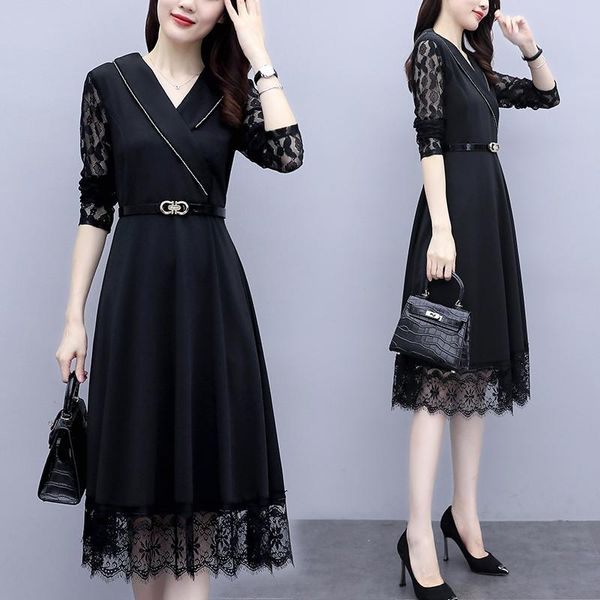 

casual dresses spring vintage 3xl plus size midi 2021 lace patchwork black suit dress women elegant bodycon party vestidos, Black;gray