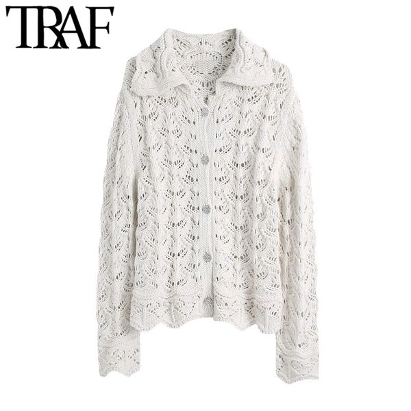 

traf women fashion bejewelled button knitted cardigan sweater vintage long sleeve hollow out female outerwear chic 210415, White;black