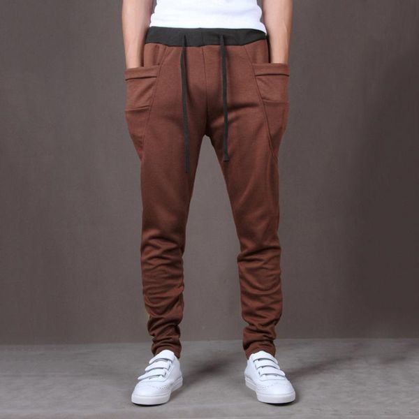 

men's pants men casual sweatpants sports trend solid color high waist pocket drawstring male outdoor fitness trousers, Black